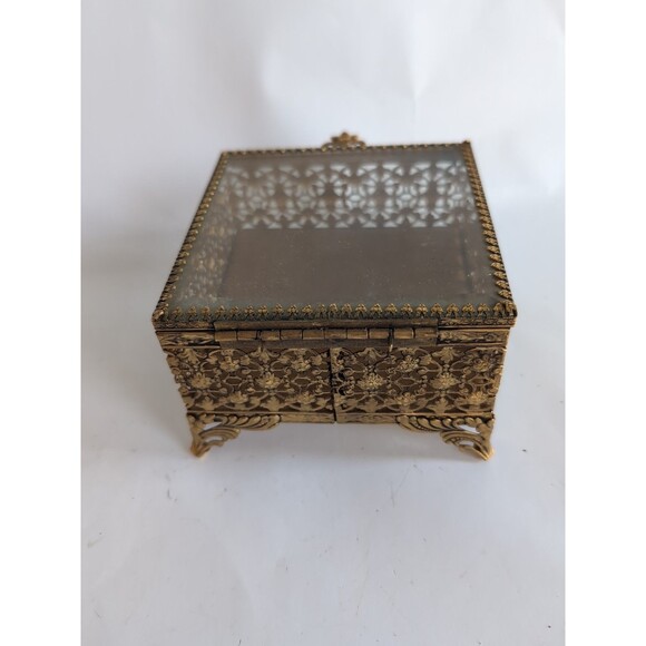 Vtg Filigree Ormolu Jewelry Box Casket Beveled Glass Hollywood Regency Gold - Picture 7 of 9